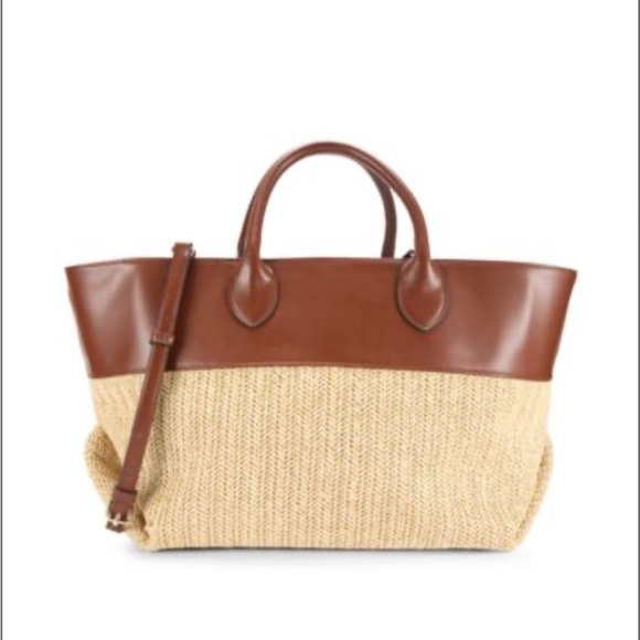 Women's Brown East West Straw Texture Colorblock Tote - Picture 2 of 9